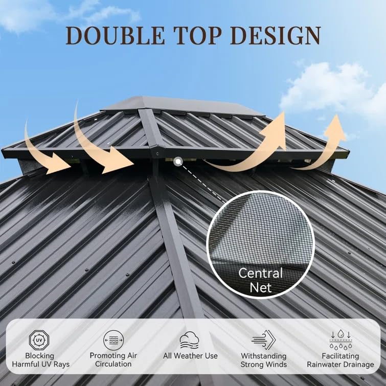 Jolydale Hardtop Gazebo 10X12ft, Outdoor Aluminum Gazebo with Galvanized Steel Double Roof, Permanent Metal Pavilion with Netting, Curtains Jolydale