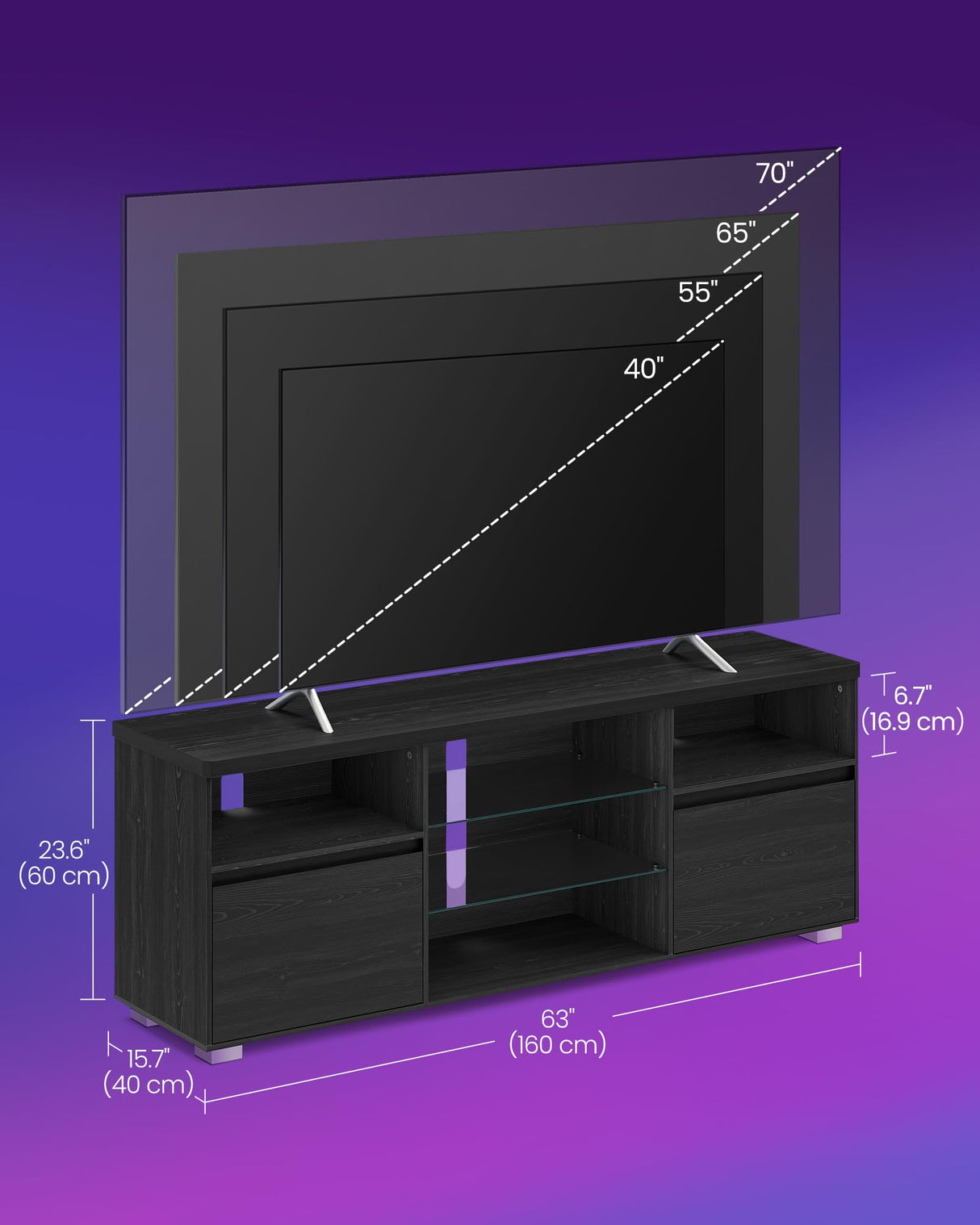 VASAGLE TV Stand with LED Lights for TVs up to 70 Inch, Entertainment Center with Open Glass Shelves, 2 Cabinets with Doors, 63-Inch Long, TV Console for Bedroom Living Room, Black ULTV330T21 VASAGLE