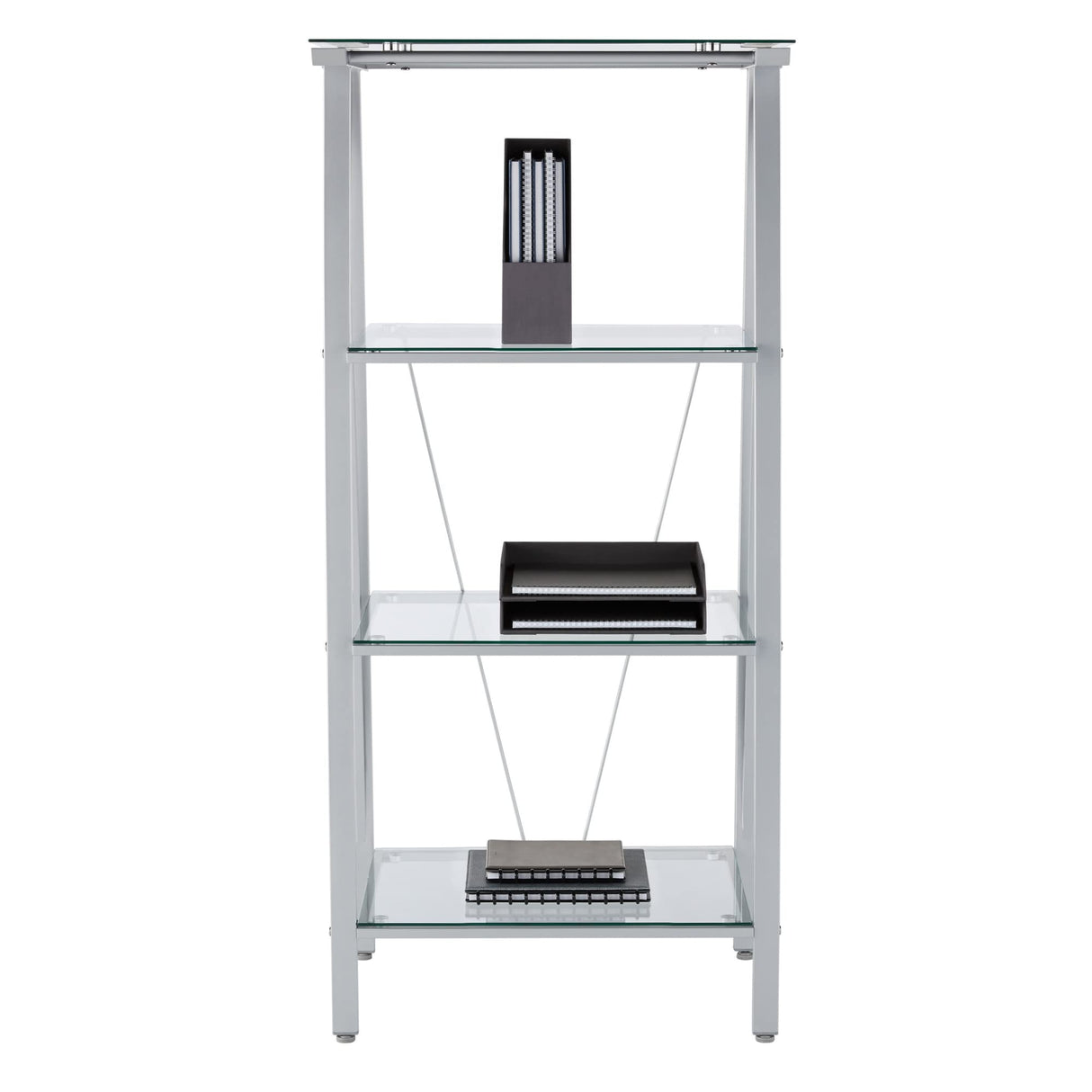 Realspace® Vista 60"H 4-Shelf Glass/Metal Bookcase, Clear/Silver Realspace