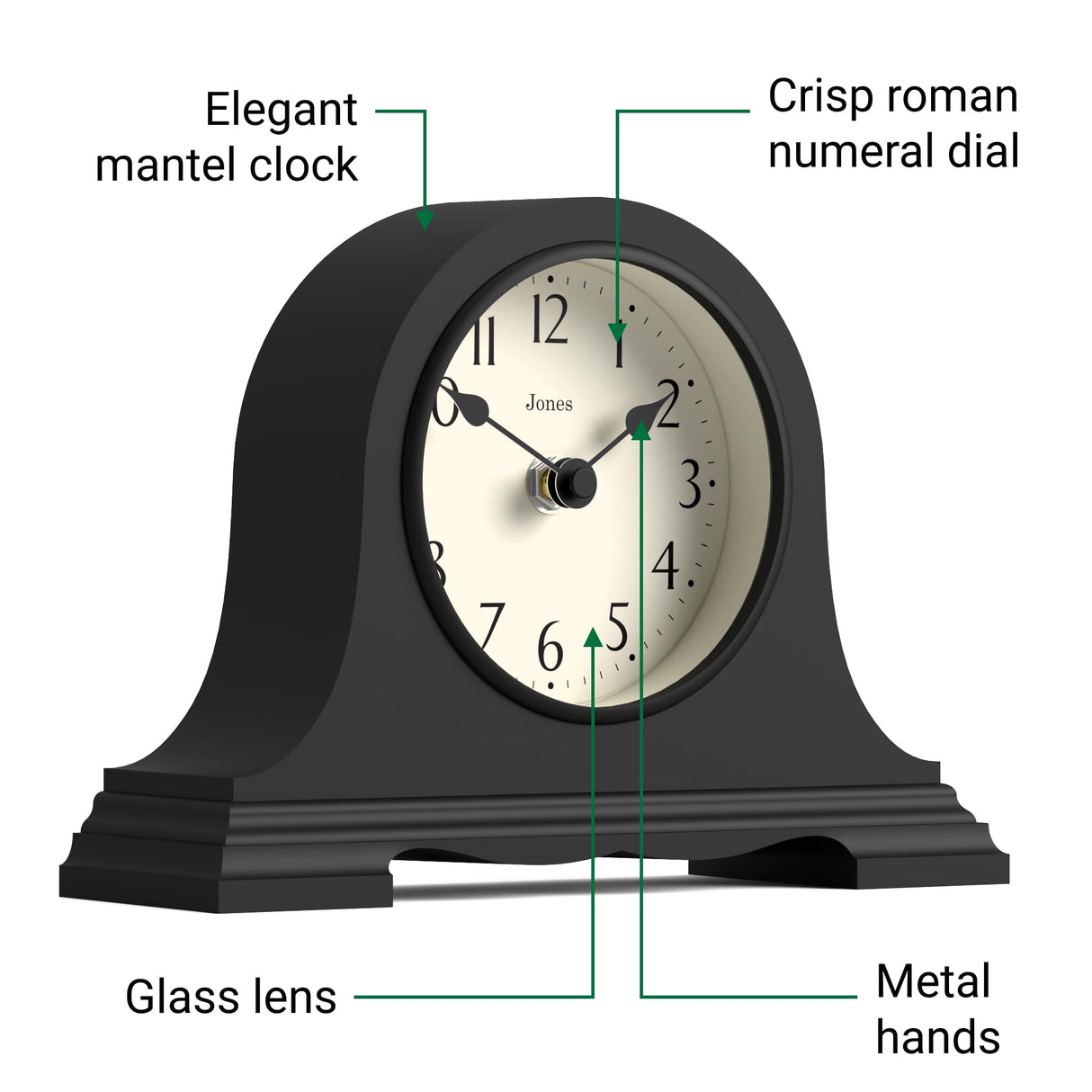 JONES CLOCKS® Speakeasy Mantel Clock | Classic Napoleon’s hat Design | Black | Contemporary Classic Style for Desk, Table, Shelf or Bedside JONES CLOCKS
