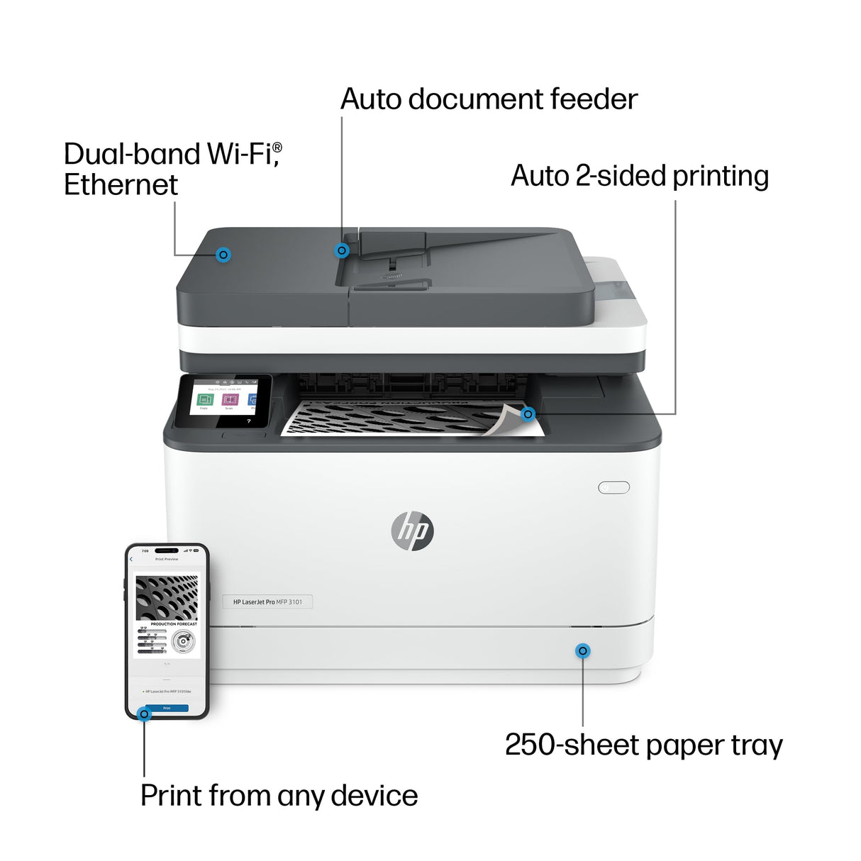 HP LaserJet Pro MFP 3101fdw Wireless Black & White All-in-One Laser Printer, Scanner, Copier, Fax, Best-for-Office (3G628F) HP