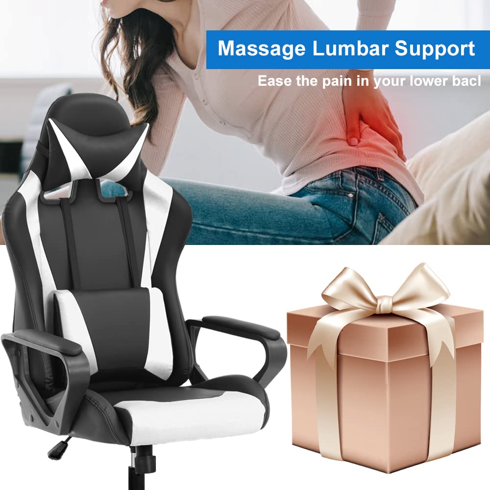 High Back Gaming Chair PC Computer Chair Office Chair for Adult Teen Kids, Ergonomic PU Leather Game Chair w/Lumbar Support Headrest Adjustable Rolling Swivel Desk Chair, White Dkeli