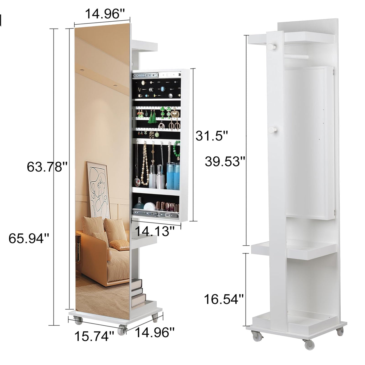 BOSTANA Jewelry Organizer, Push-Pull Jewelry Armoire Mirror with Storage Shelves Coat Rack, 360° Swivel Mirror Jewelry Cabinet Standing with Full Length Mirror, Gift Idea, White BOSTANA