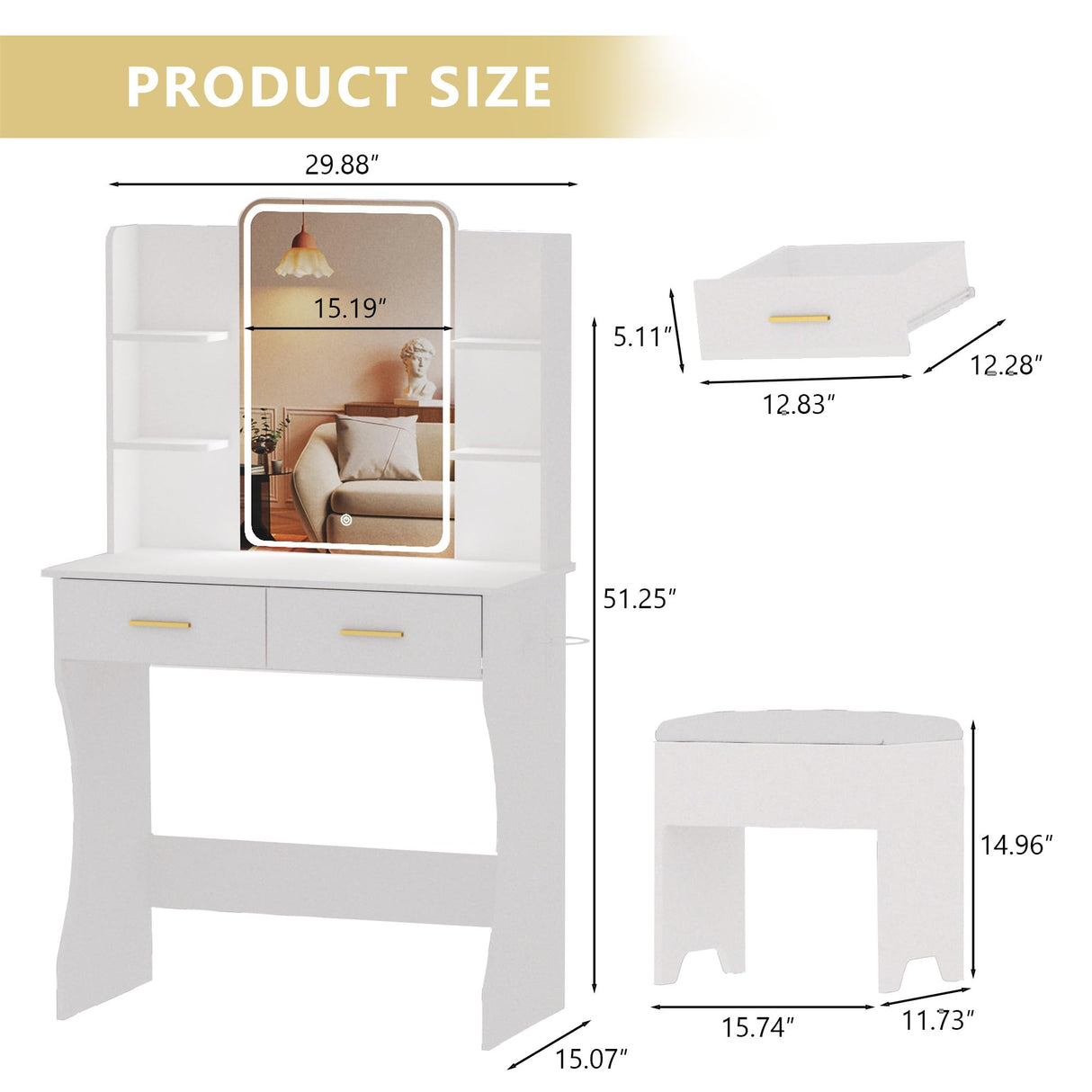 Vanity Desk with LED Lights Mirror & Power Outlet, Small Makeup Vanity Table Set with Storage Drawers & Chair, 3 Lighting Modes & Adjustable Brightness, Dressing Table for Women Girls Bedroom, White Xixini