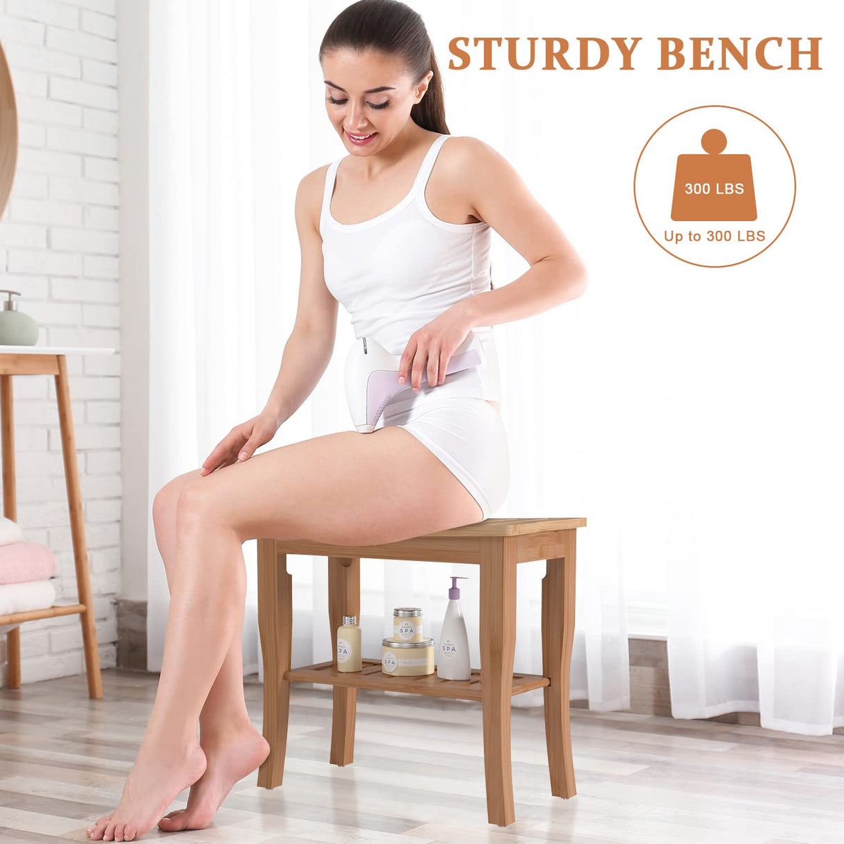 Domax Bamboo Shower Benches for Inside Shower - Bathroom Bench Seat Waterproof Wooden Shower Stool with Storage Shelf for Adults Elderly Seniors Wood Shower Chair for Bathtub or Small Spaces (Walnut) Domax