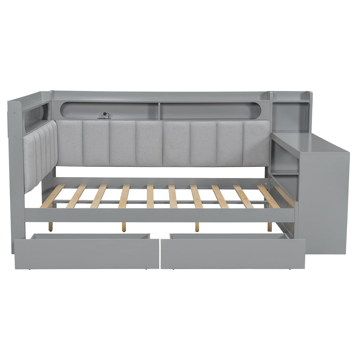 MaiDeHaoo Full Size Daybed with Storage Shelves and Upholstered Headboard, Corner Bed Frame with L-Shaped Bookcase, Drawers and Charging Station, Captains Bedframe with LED Light and Backrest, Grey MaiDeHaoo