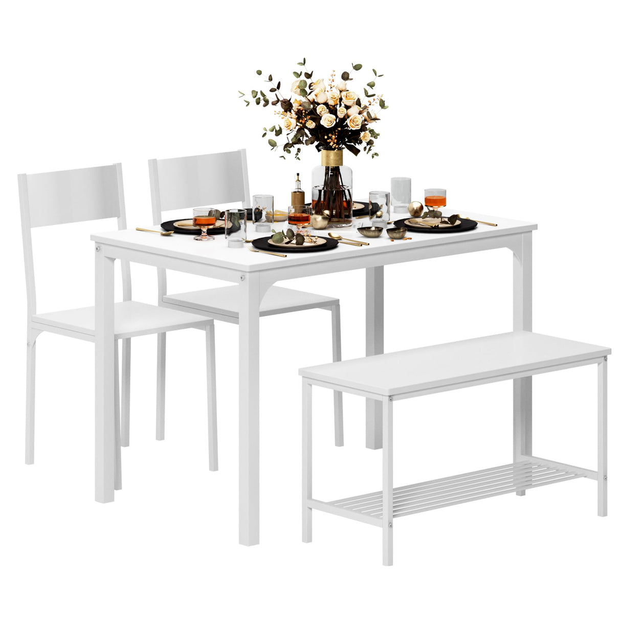 sogesfurniture Modern 4-Piece Kitchen Dining Table Set with 1 Bench and 2 Chairs, Kitchen Bench Table Set for 4, Wooden Kitchen Table and Chairs for Limited Space,White sogesfurniture