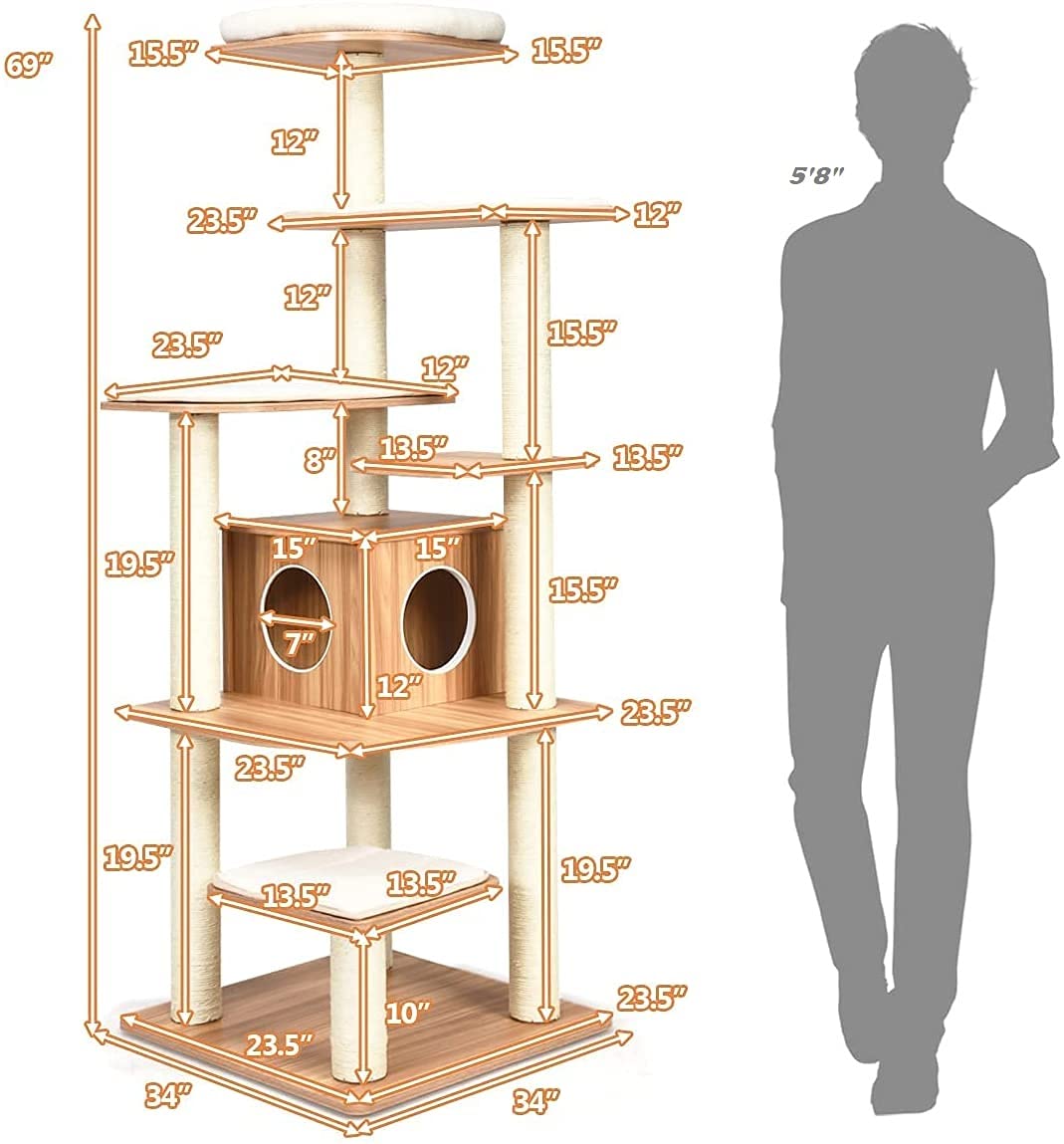 Tangkula Tall Cat Tree, 69-Inch Modern Cat Tower with Sisal Rope Scratching Posts, Wood Cat Tree with Multi-Layer Platform, Cat Condo Furniture with Washable Cushions for Indoor Cats Large Adult Tangkula