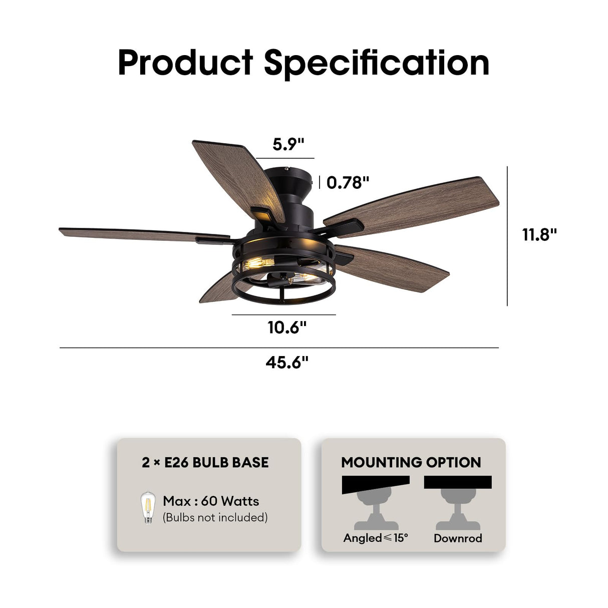 Tinkoso 46 Inch Ceiling Fans with Lights and Remote Control, Flush Mount Black Ceiling Fan with Light, Industrial Retro Style, Indoor for Bedroom Living Room 8837X Tinkoso