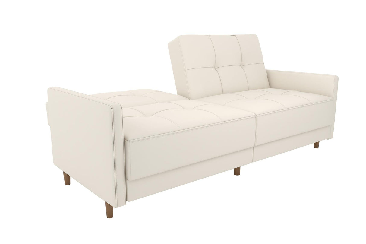 DHP Andora 76 Inch Futon Sofa Bed in Faux Leather, Modern Upholstered Couch Sleeper with Button Tufted Back and Seat, White DHP