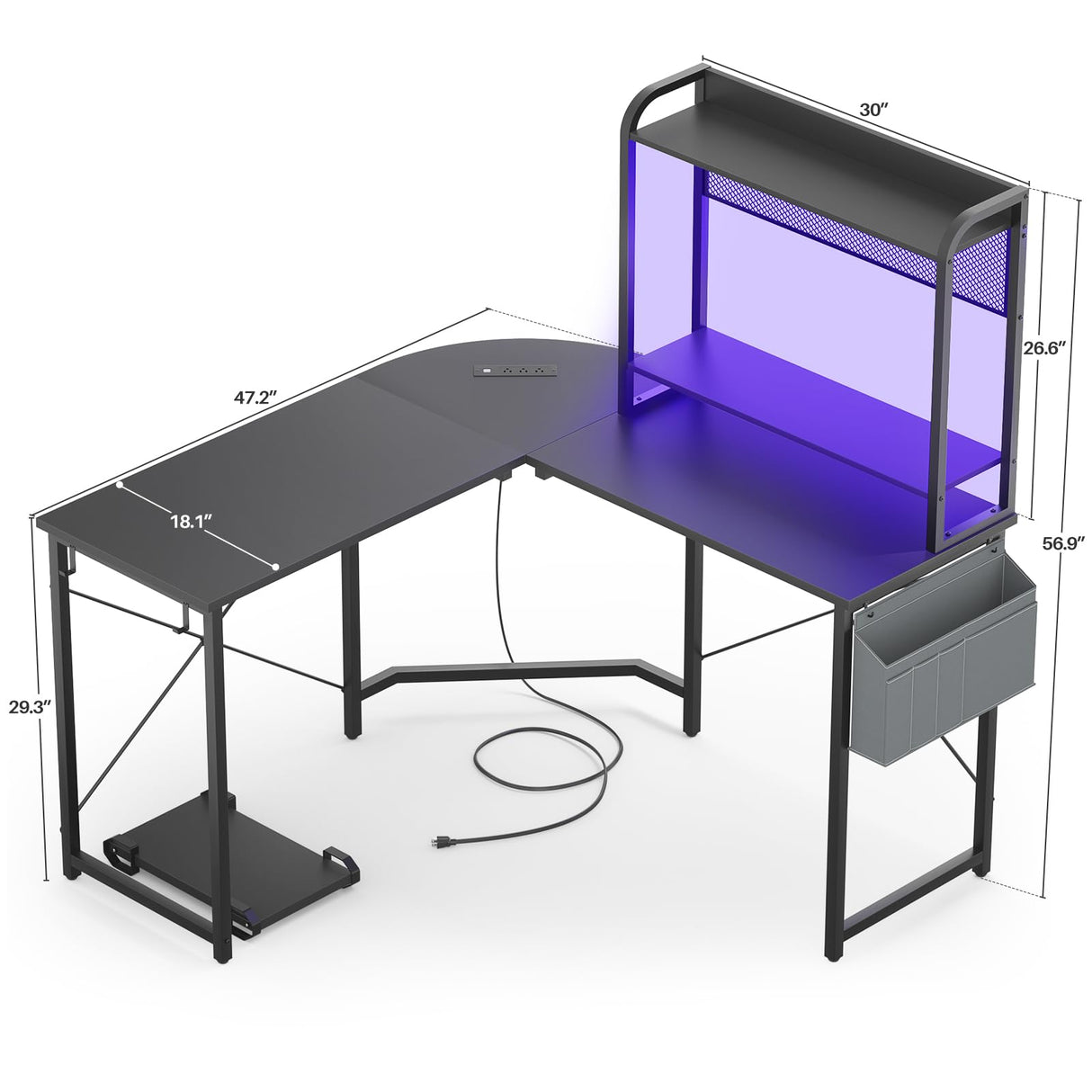 Besiost L Shaped Desk with Hutch, L shaped Computer Desk with Power Outlet and LED Lights, Reversible Corner Gaming Desk with Monitor Stand, L Shaped Desk Home Office Desk with Storage Bag, Black Besiost