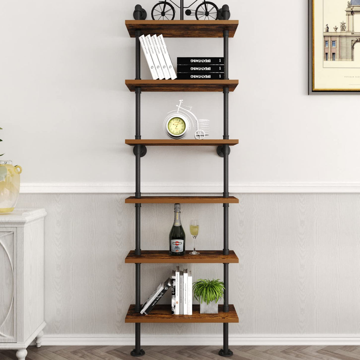 HOMEKAYT Industrial Pipe Shelf Rustic Wood Wall Shelf Ladder Bookshelf Wall Mounted Storage Decor Shelf for Home, Office, Living Room(6-Tier)-Black HOMEKAYT
