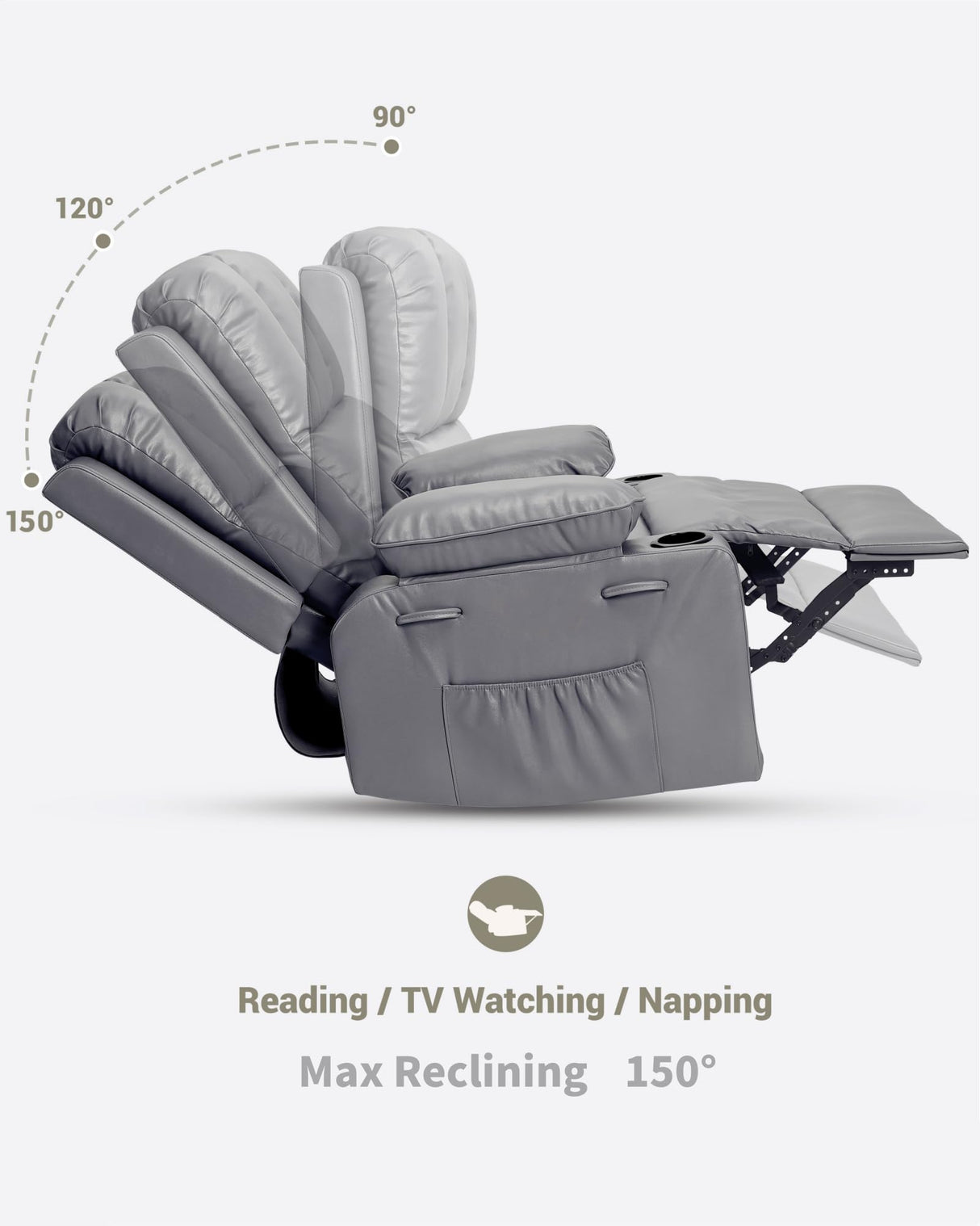 Manual Recliner Chair Sofa, Oversized PU Leather Recliner, Comfy Armchair for Living Room or Bedroom, Grey Reclining Chair, Leather Recliner Chair for Adults, Gaming Sofa Chair GarveeLife