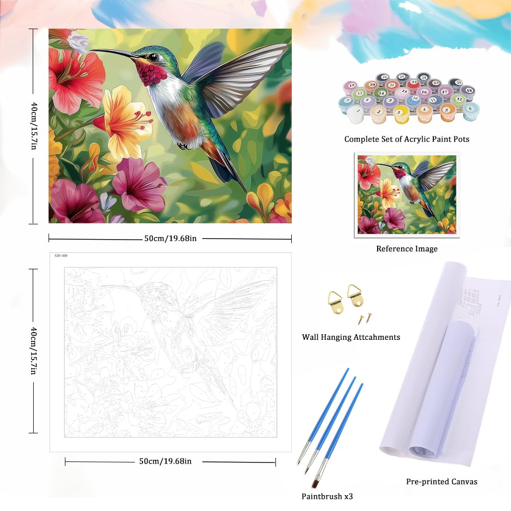 Natuyalo Paint by Numbers for Adults Beginner, Hummingbirds and Flowers Acrylic Painting by Number Kits Animal DIY Art Craft Kits Suitable for Home Wall Decoration Frameless (16x20 Inch) Natuyalo