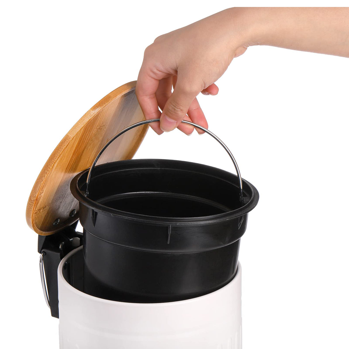 AVLA 2 Liter Step Trash Can, Metal Rubbish Wastebasket with Wooden Lid, Round Foot Pedal Garbage Container Bin with Liner Bucket, Small Bathroom Office Waste Bin Trashcans for Bedroom, Kitchen AVLA