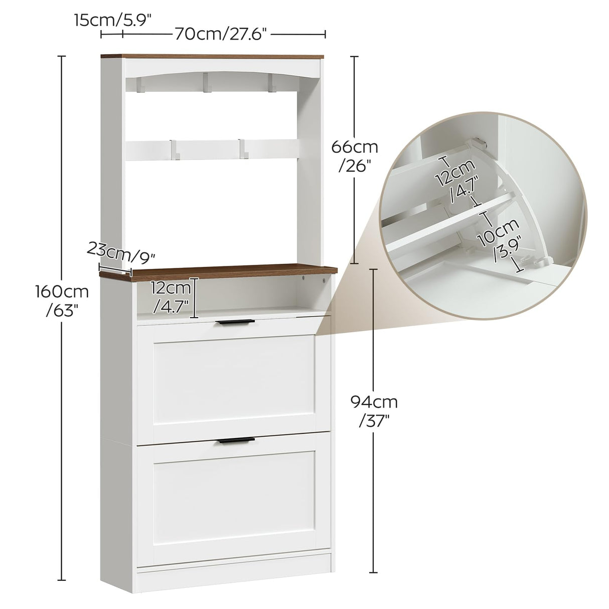 YATINEY Tall Shoe Cabinet with Flip Drawers and Coat Rack, Floor Standing Modern Shoe Storage Organizer, 2-in-1 Hall Tree with Movable Hooks and Open Shelves, for Entryway, White and Walnut SC01WH YATINEY