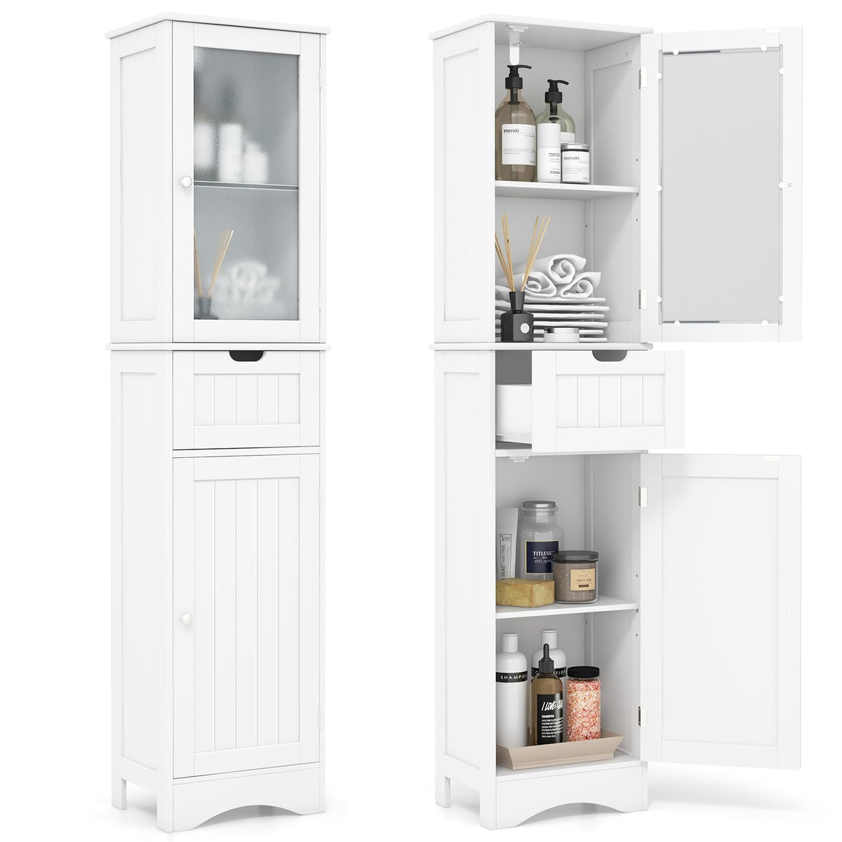 Tangkula 67" Tall Bathroom Storage Cabinet, Slim Freestanding Tower w/ 2 Doors & 1 Drawer, Narrow Floor Cabinet w/Adjustable Shelves & Tempered Glass Door for Bathroom Living Room (White) Tangkula