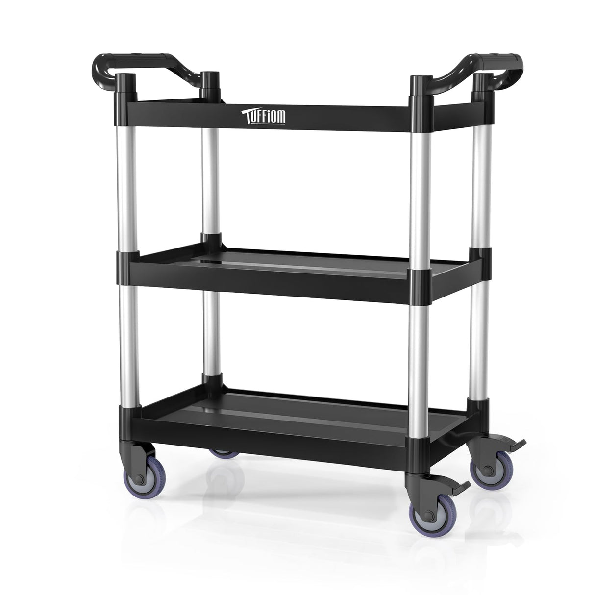 TUFFIOM 3-Tier Plastic Service Utility Cart with Wheels, Heavy Duty 390lbs Capacity, Commercial Rolling Ideal for Restaurant, Foodservice, Office, Warehouse, Black 34.8''L x 17.4''W x 38.6''H TUFFIOM