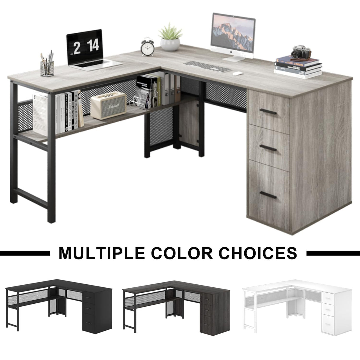 LVB Reversible Gray L Shaped Corner Desk, Farmhouse Wood Computer Desk with File Drawers Cabinets, Large Work Study Executive Home Office Desk with Storage Shelves for Bedroom, Light Grey Oak, 59 Inch LVB