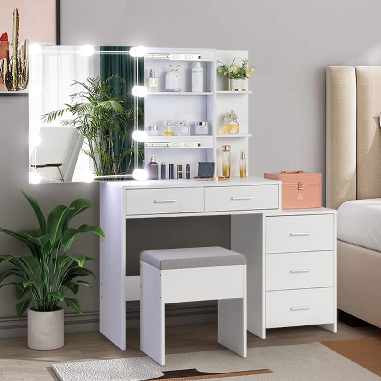 Karl home Lighted Vanity Desk with Sliding Mirror White Makeup Table with 5 Drawers, Storage Shelves, Cushioned Stool, LED Dressing Table Set for Women Karl home