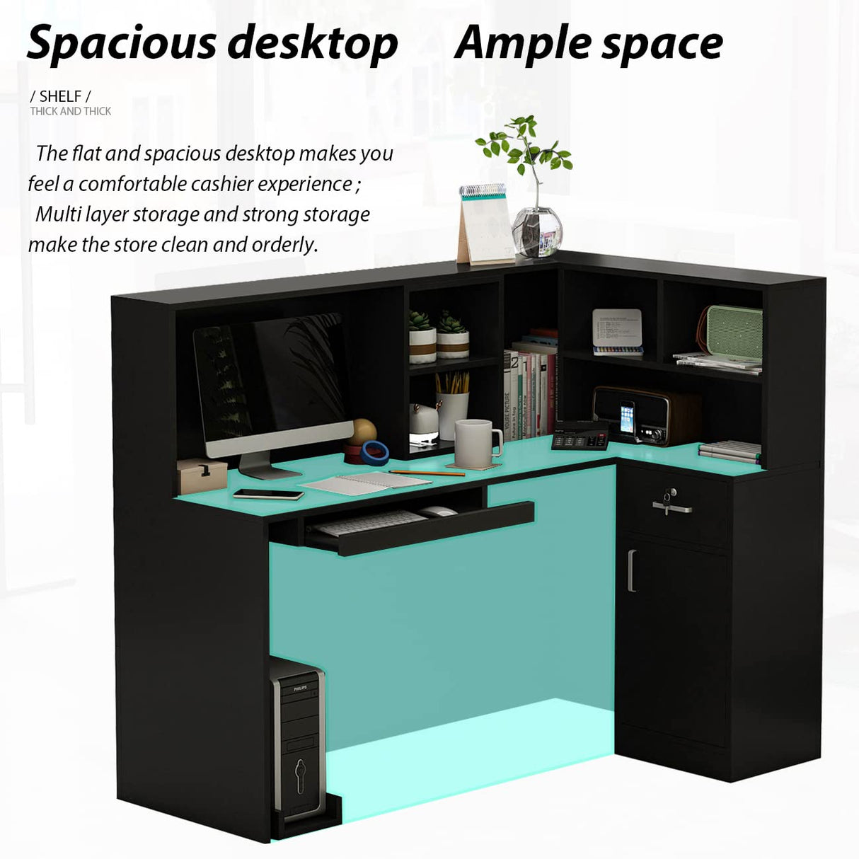 AGOTENI Reception Desk Reception Stations with Open Shelf & Drawers, L Shape Reception Table Wooden Computer Desk for Office Reception Room, Black AGOTENI