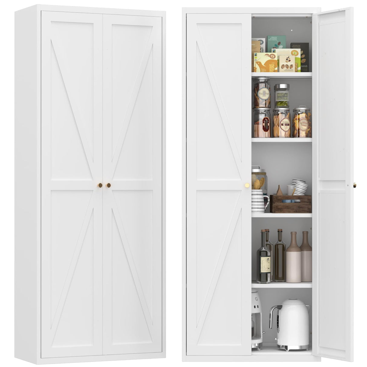 FATIGOS 71" H Kitchen Pantry Storage Cabinet, Metal Food Pantry Cabinets with Doors and Adjustable Shelves, White Kitchen Storage Cabinet, Cupboard for Dining Room, Living Room and Bathroom FATIGOS