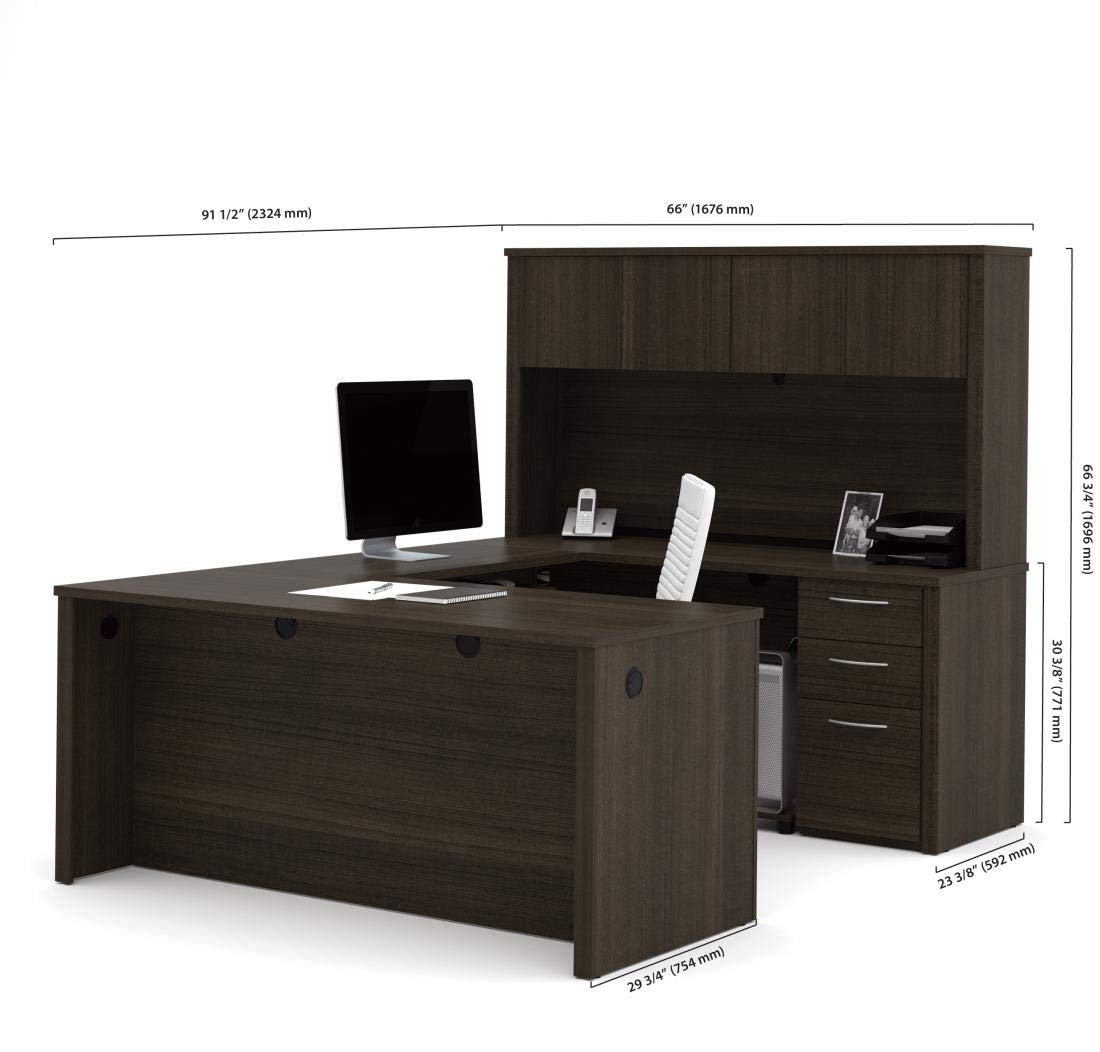 Bestar Embassy 66W U-Shaped Executive Desk with Pedestal and Hutch in Dark Chocolate Bestar