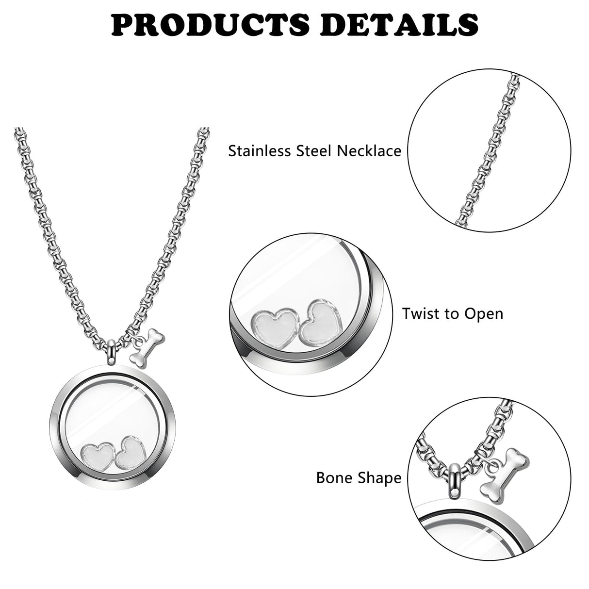 Pet Fur Memorial Necklace Pet Dog Ashes Keepsake Pet Urn Pendant Memorial Jewelry Necklace Transparent Glass Circle Stainless Steel Chain Cat Hair Memorial Gifts, Heart Necklace for Dried Flowers HINGTAI