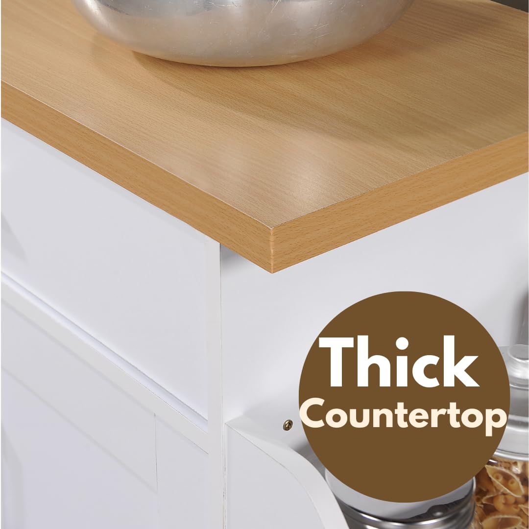 Hodedah Kitchen Island with Spice Rack, Towel Rack & Drawer, White with Beech Top, 15.5 x 35.5-44.9 x 35.2 inches Hodedah