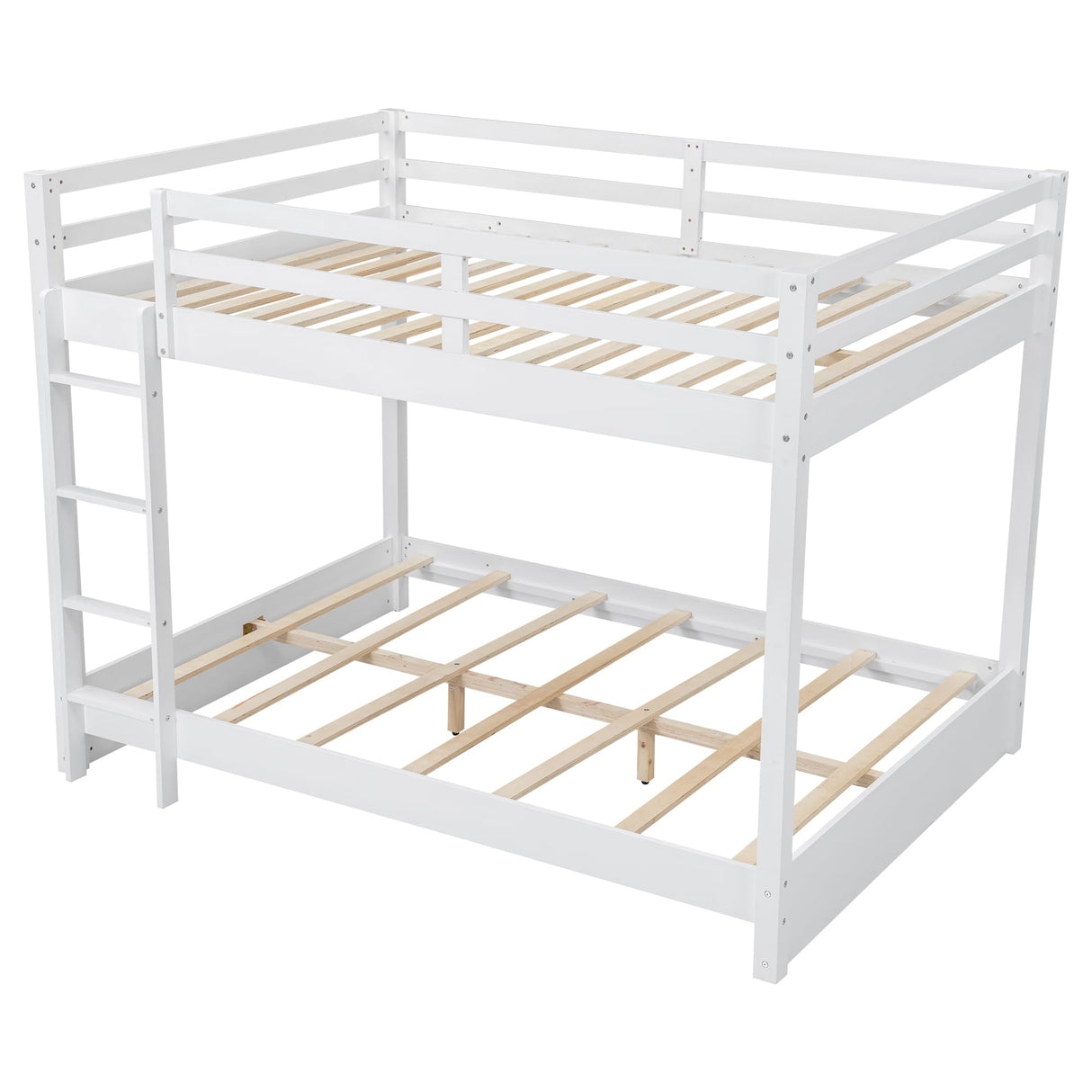 Queen Over Queen Bunk Bed with Ladders Solid Wood Bunk Beds with Guardrails Kids Bunk Bed Frame for Kids, Boys, Girls, No Spring Box Need, Pearly White Bellemave