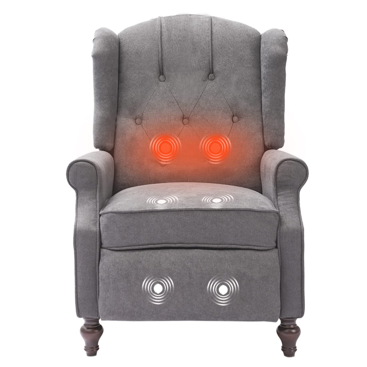 IPKIG Wingback Pushback Recliner Chair - Mid Century Recliner Armchair with Massage and Heat, Rivet Decoration, Button-Tufted Back, Solid Wood Legs for Living Room, Bedroom, Office(Grey) IPKIG
