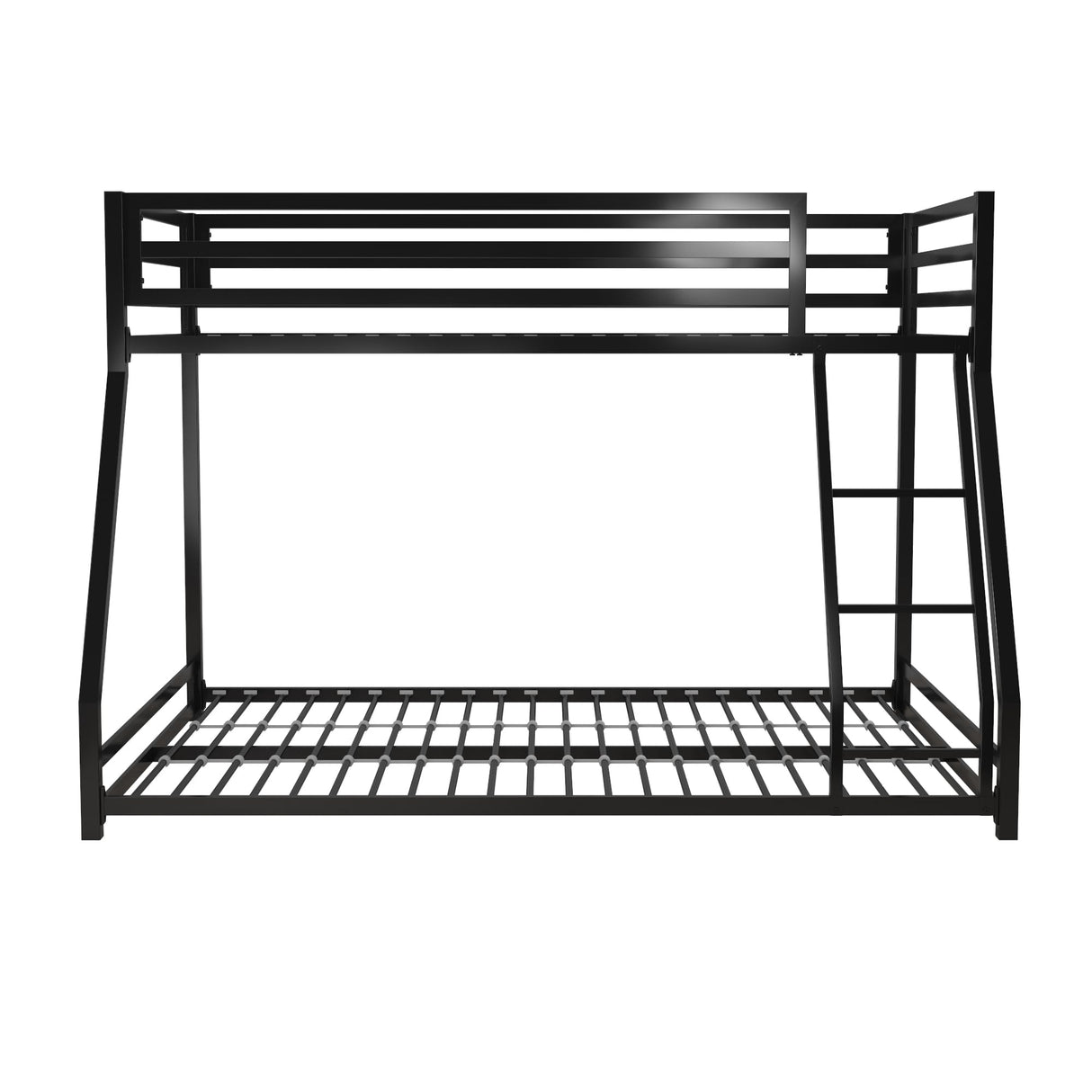 DHP Miles Low Metal Bunk Bed Frame for Kids, With Built-in Ladder, High Guardrail and Metal Slats, Floor Bed Bottom Bunk, No Boxspring Required, For Small Spaces, Twin-Over-Full, Black DHP