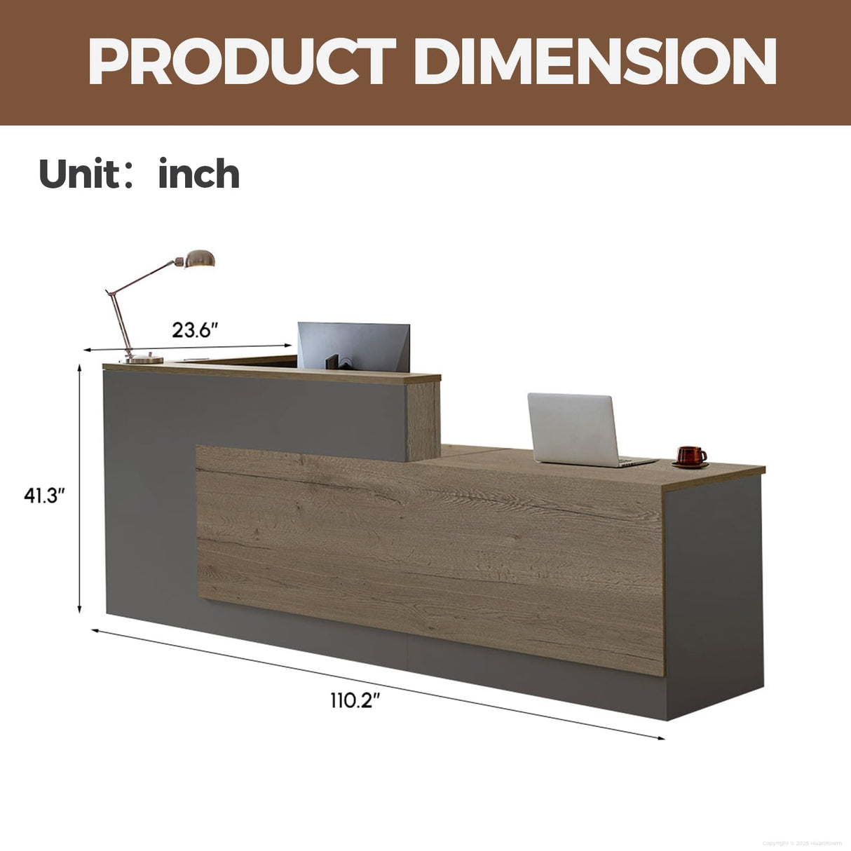 Huariifowm Modern L Shape Reception Desk with Counter,Stylish Front Desk Reception Counter with Drawers, Open Shelves, and Keyboard Tray (Tobacco Wood+Iron Gray/Right, 79" L*24" W*41" H) Huariifowm