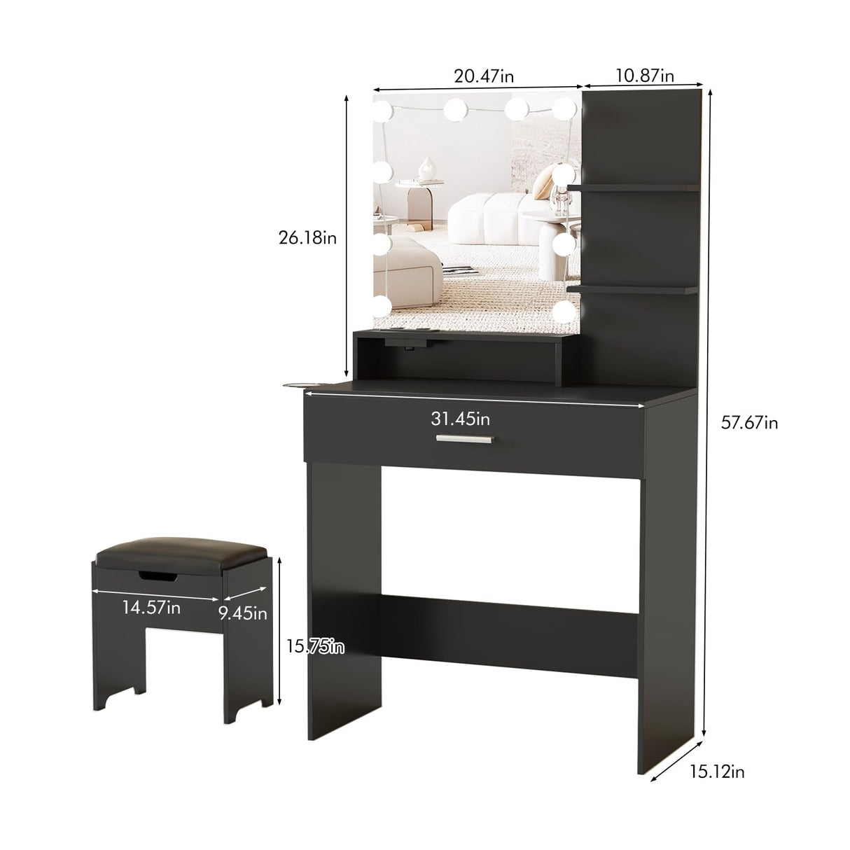 Fameill Makeup Vanity Table with Lighted Mirror & Charging Station, Black Vanity Set Vanity Desk with 3 Lighting Modes, Brightness Adjustable, 31.5in(W) Fameill