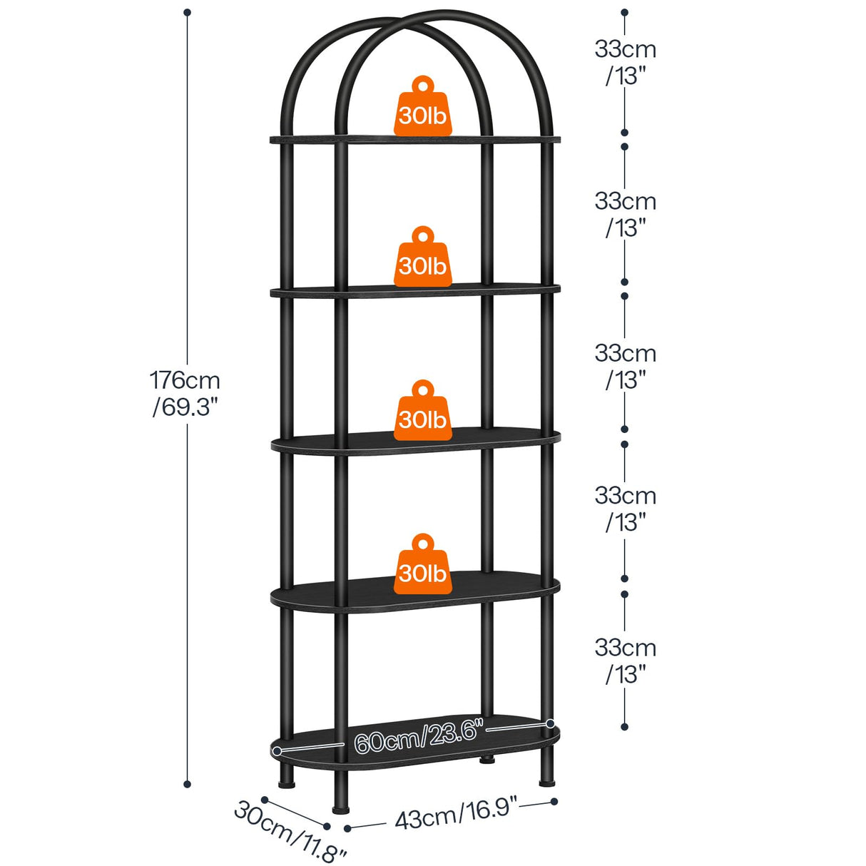 HOOBRO 5 Tier Open Bookshelf, Industrial Arched Bookcase Display Shelf Racks, Wooden Bookcase Storage Shelves Metal Frame, Tall Storage Organizer for Home, Easy Assembly, Black BB176SJ01 HOOBRO