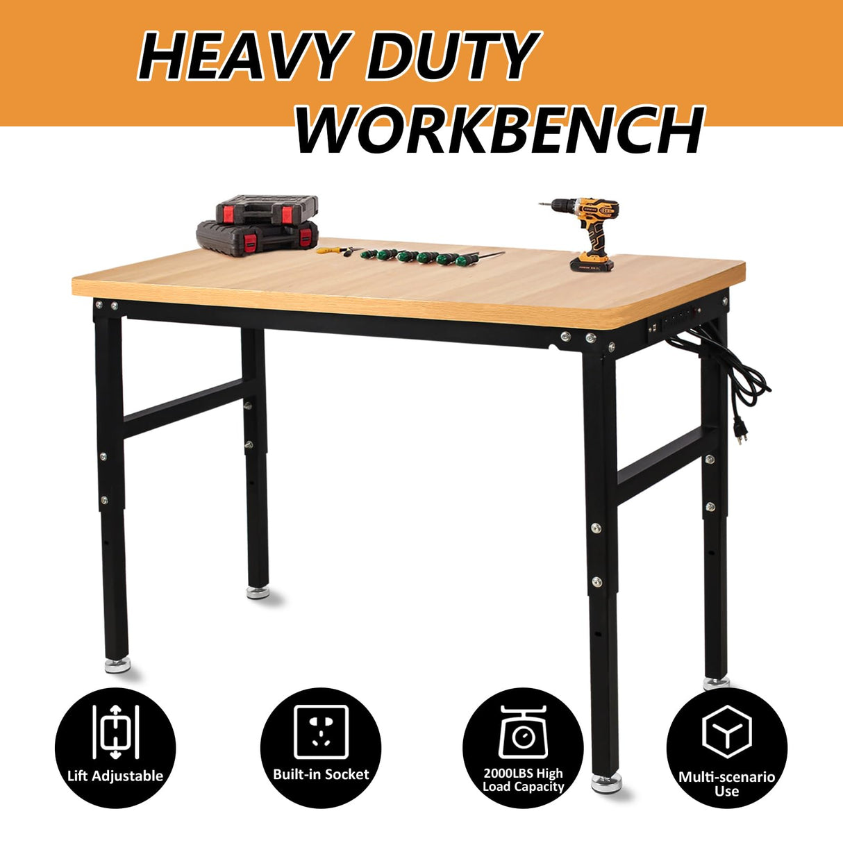 SGOLAN Adjustable Workbench with Power Outlet,48 Inch Workbench for Garage,2000 Lbs Capacity Hardwood Workbench,Heavy Duty Table for Workshop Office Home Commercial SGOLAN