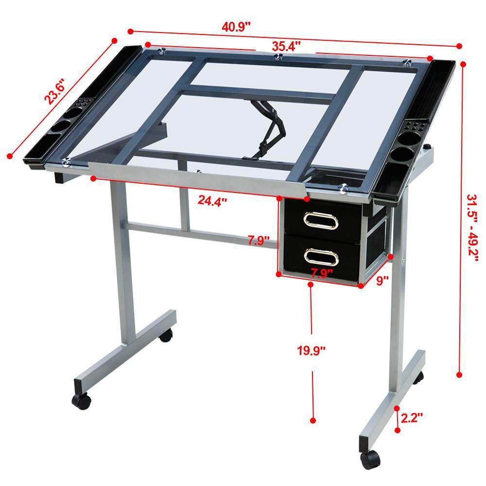 Topeakmart Glass Drafting Table Rolling Drawing Desk Artists Art Craft Desk w/2 Slide Drawers and Wheels for Home Office School Topeakmart