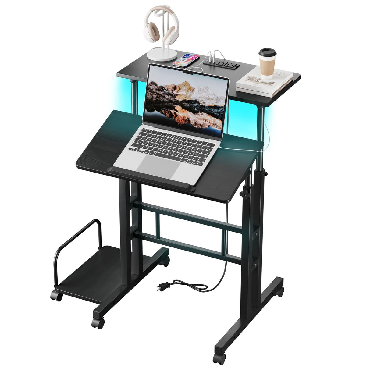 Dripex Mobile Standing Desk with Power Outlets & Strip Lights, Rolling Small Desk, Adjustable Height Laptop Table with Wheels, Portable Sit-Stand Workstation for Home Office Dripex