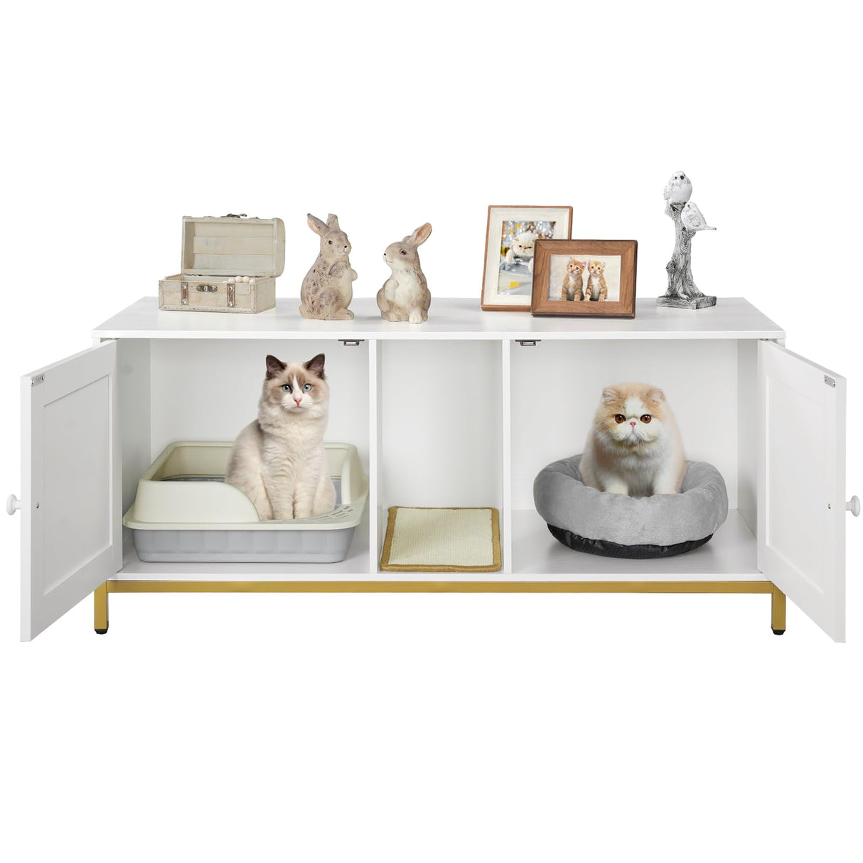 HOOBRO 44" Cat Litter Box Enclosure for 2 Cats, Double Cat Litter Box Furniture Hidden, TV Stand Litter Box Enclosure with Cat Scratching Mat, Cat House, Cat Washroom Cabinet, White, Gold DW20MW01 HOOBRO