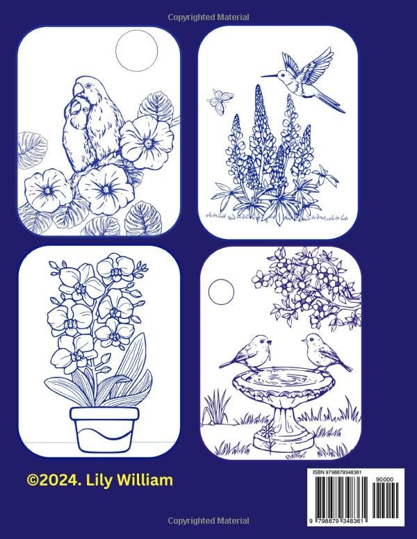 FLOWERS & BIRDS COLORING BOOK: BEAUTIFUL BLUE INK DRAWINGS: Relaxing, Mindfulness & Creativity Activity Majosta