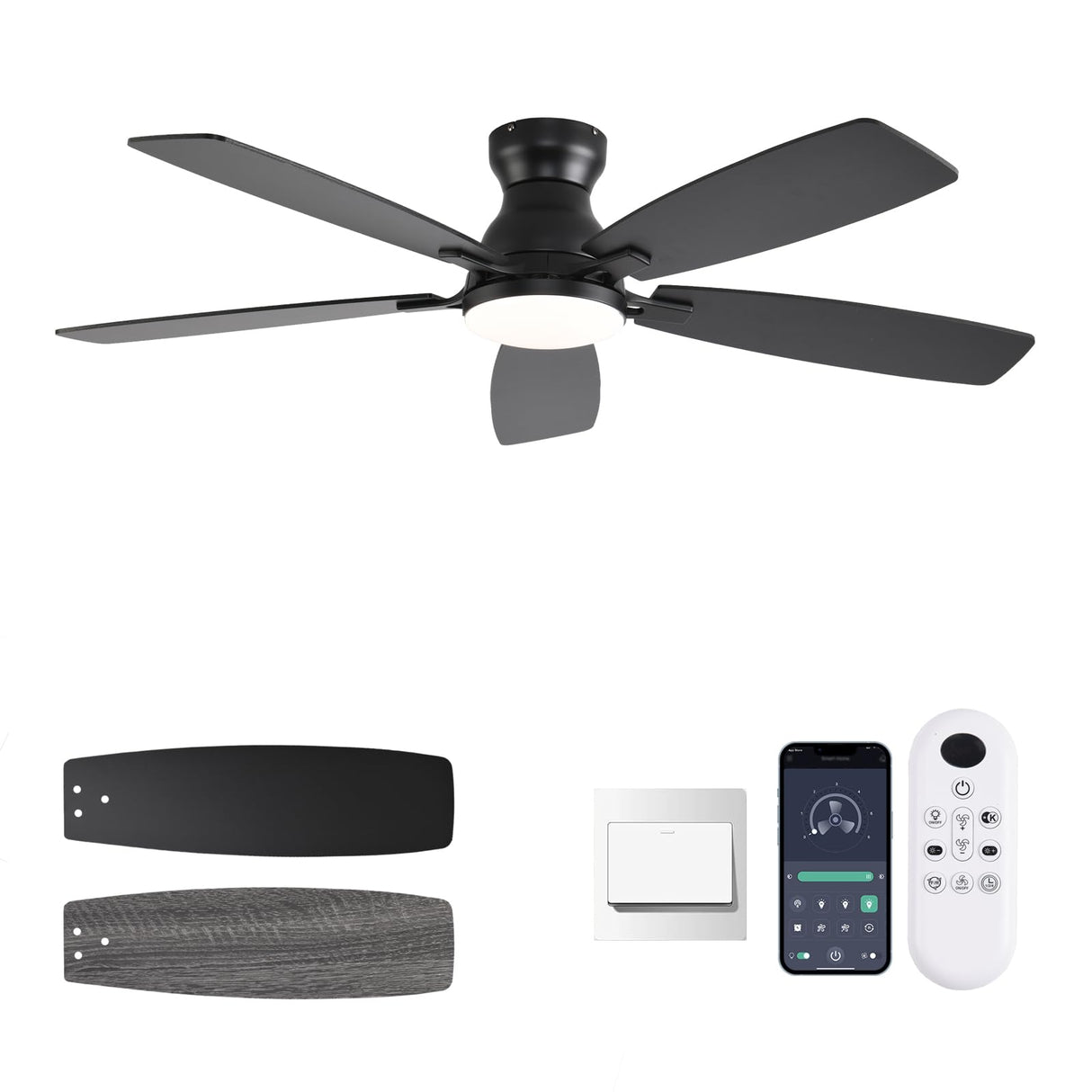 NKPU 52inch Flush Mount Ceiling Fans with Lights and Remote Control/APP Control, DC Reversible Motor, Noiseless, Dimmable, Low Profile Black Ceiling Fan for Bedroom Indoor/Outdoor Use NKPU