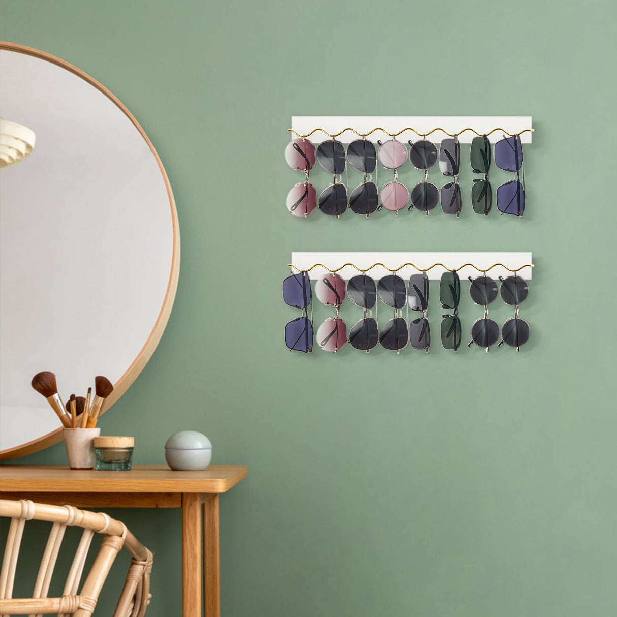 Mkono 2 Pack Wall Mounted Sunglasses Organizer Wood Sunglass Holder for Wall Modern Eyeglass Storage Hanging Eyewear Display Jewelry Rack for Entryway Living Room Bedroom, White Mkono