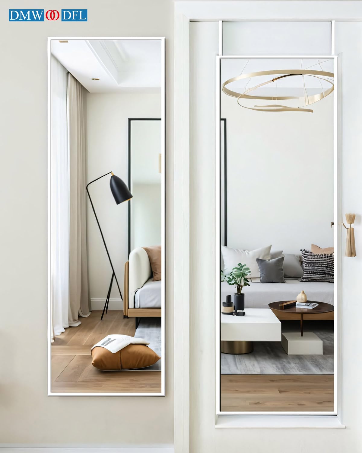 DMWOODFL 48" x 14" Over The Door Mirror Full Length Mirror Door Mirror Wall Mirror Hanging with 2 Metal Hangers for Bedroom Living Room Bathroom White DMWOODFL