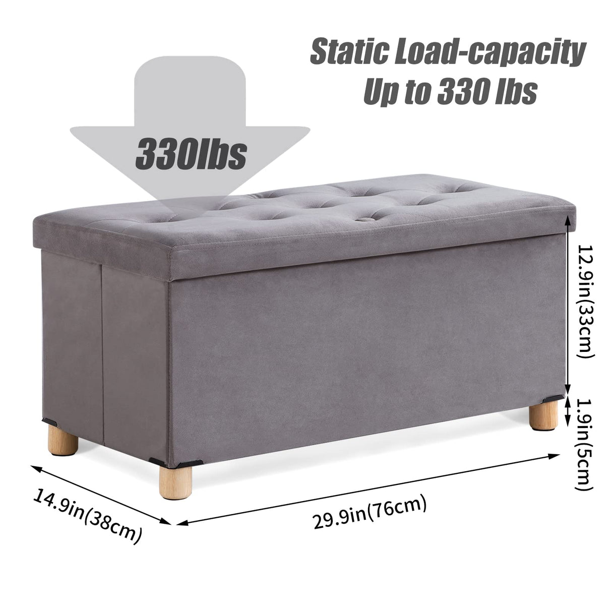 BRIAN & DANY 30 Inches Folding Storage Ottoman Bench, Ottoman with Storage for Living Room, with Wooden Feet and Lid, Grey BRIAN & DANY