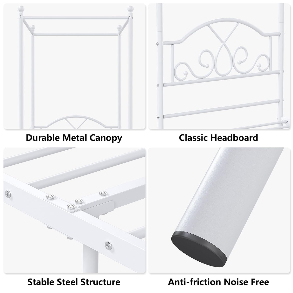 Weehom Twin Canopy Bed Frame with Headboard and Footboard Metal Four Posters Curtains Design Mattress Foundation Bed Platform Underbed Storage Space No Box Spring Needed for Kids Adults White Weehom