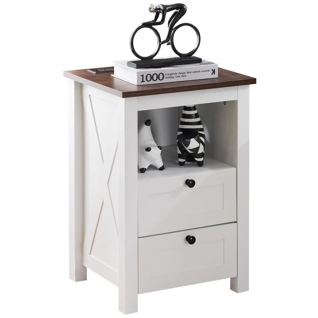 Mellolivin Farmhouse Nightstand with Charging Station and LED Lighting, End Table with 2 Drawers & Open Storage, Farmhouse Design White Bedside Table for Bedroom Mellolivin