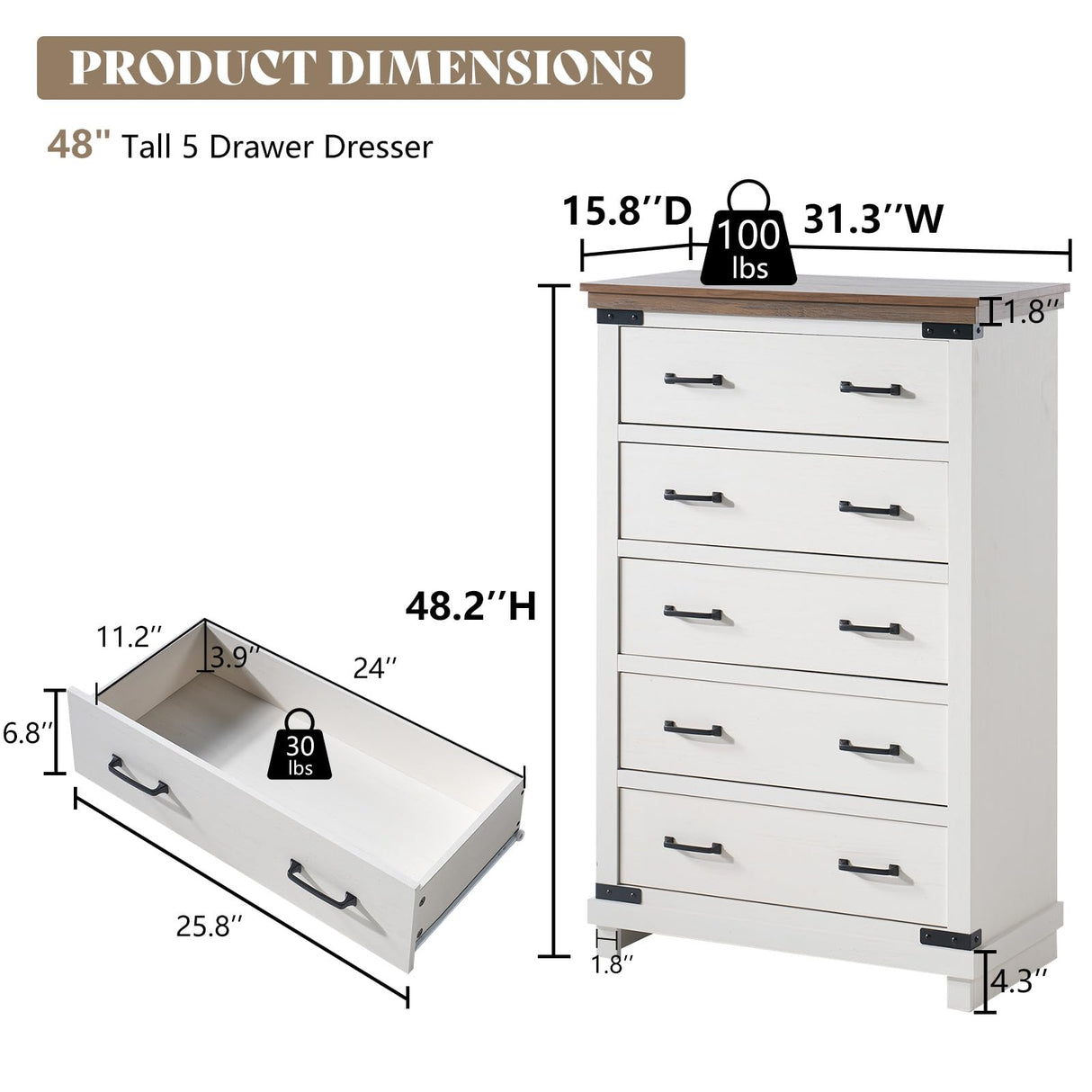 AMERLIFE Farmhouse 5 Drawers Dresser Chests for Bedroom, 48" Tall Wood Rustic Chest of Drawers/w Thick Plank Styling, Heavy Duty Closet Storage Dresser Organizer, Living Room, Hallway, Antique White AMERLIFE