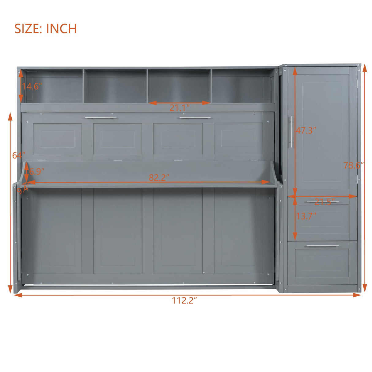 SOFTSEA Queen Size Horizontal Murphy Bed, Queen Murphy Bed with Desk Wardrobe Storage Shelf, Queen Hideaway Wall Bed with Drawers Space-Saving for Guest Room Bedroom or Office, Gray SOFTSEA