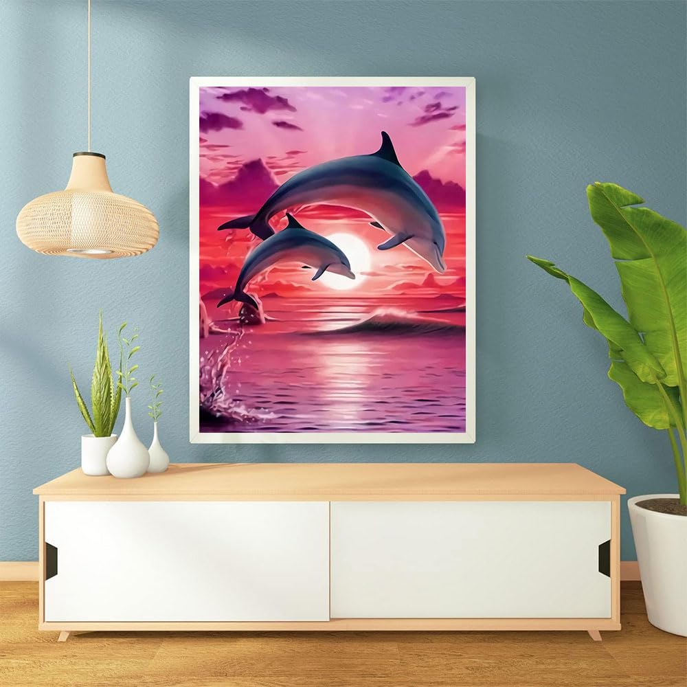 Dolphins Diamond Art Painting Kits for Adults,Beach Diamond Painting Kits for Beginners 5D Full Round Drill Diamond Dots,Paint with Round Diamonds for Home Wall Decor (30x40cm/11.8X15.7inch) HSENJT