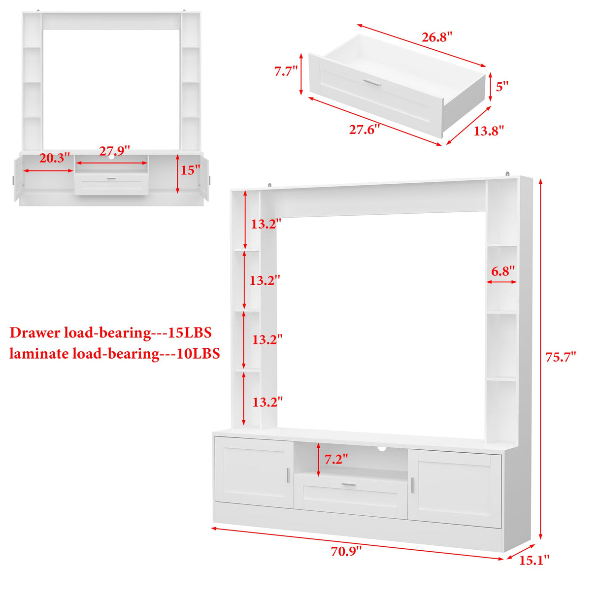 WOODTIME 70.9" W 3-in-1 Wall Unit Entertainment Center with Bookshelves, Modern TV Stand Media Console Table with 11 Shelves & Drawer for Living Room & Home Theater, White WOODTIME